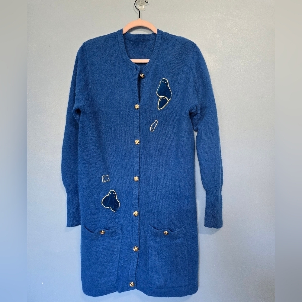 Angora Wool Blend Long Blue Cardigan Blue Size S?